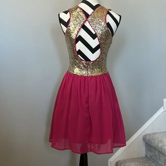 Sleeveless Pink with Gold Sequin Cocktail Dress - Picture 4 of 10